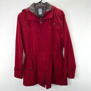 Miss Gallery Jacket M Red Hooded Zip Front Cinched Waist Short Trench Pockets